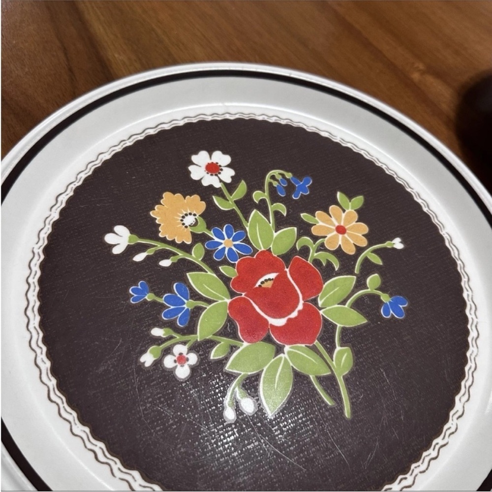 Mikasa Int’l 1970s Brown Denim Floral 11” Plate & Bowl Set E4803 Mid Century - Picture 4 of 8